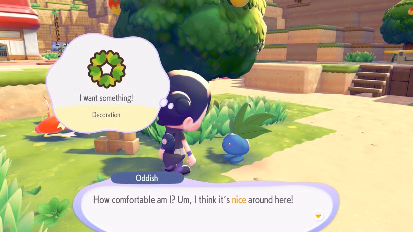 An Oddish observa que quer uma decoração para sua casa em Pokopia