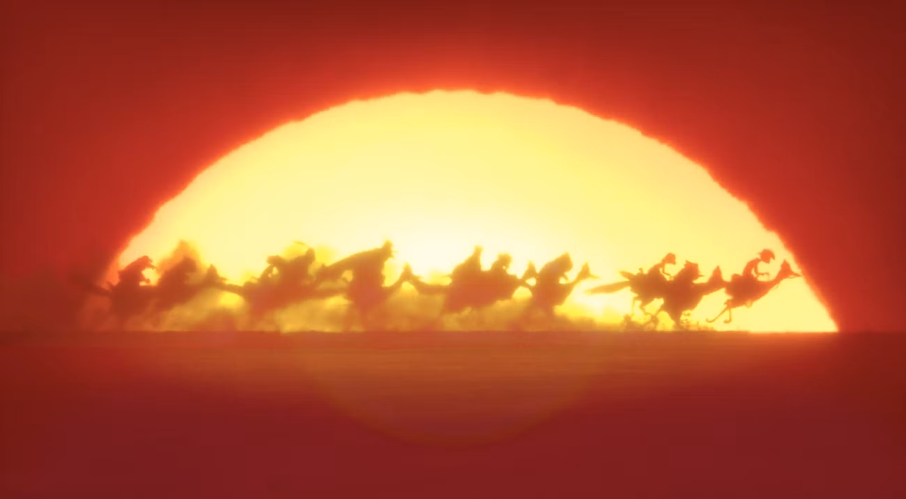 Rango e seu grupo montam roadrunners durante o pôr do sol