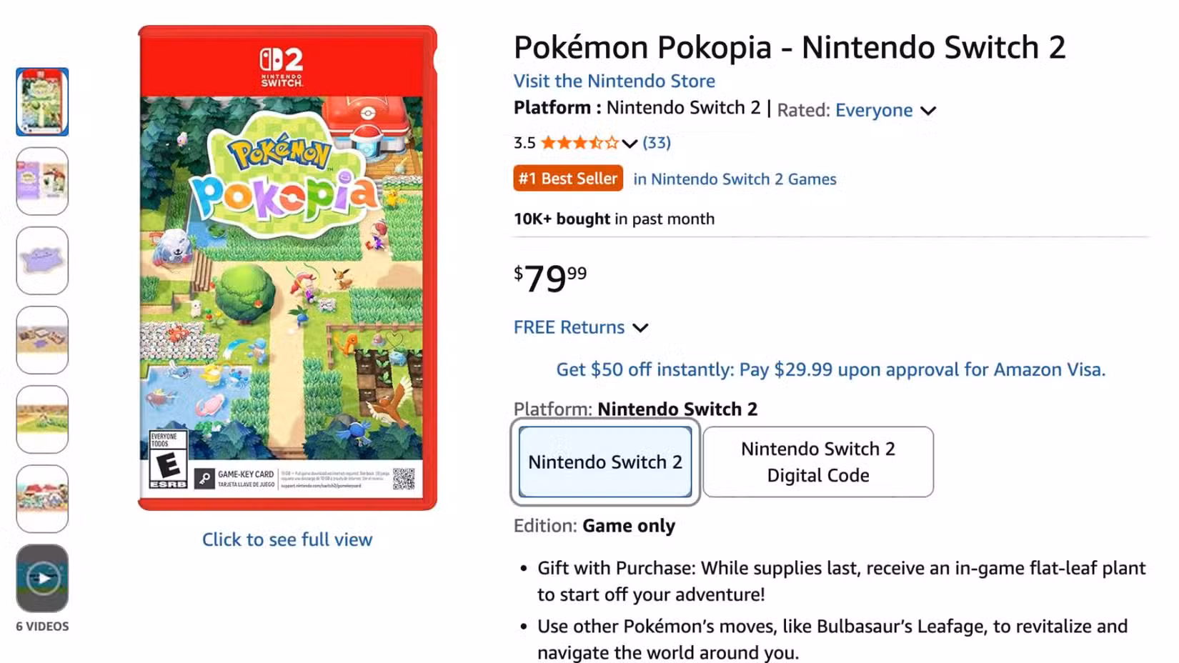 Uma listagem de loja da Amazon mostrando Pokémon Pokopia por US$ 80