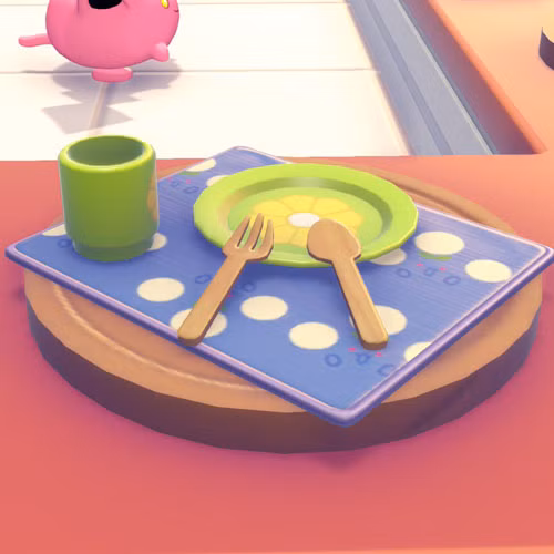 Uma imagem Pokémon Pokopia da configuração da mesa de flores