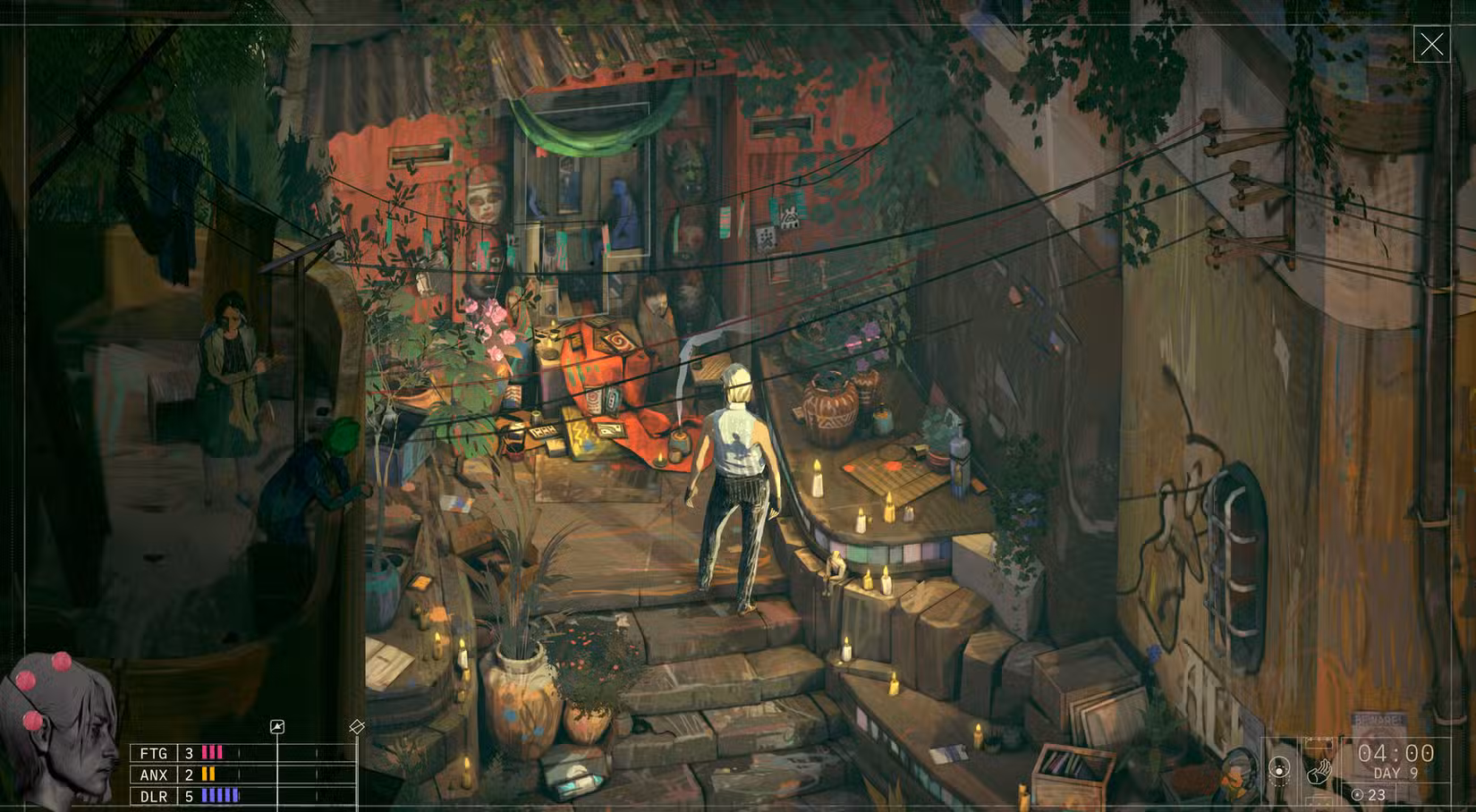 O personagem principal de Zero Parades se aproxima de uma mesa na arte principal de Zero Parades