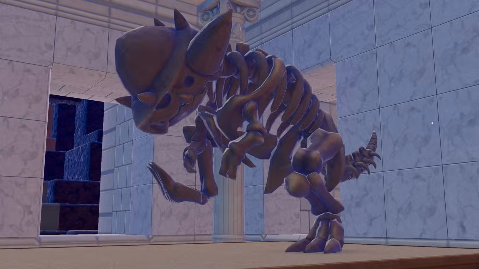 Uma exposição completa do Headbutt Fossil, mostrando um esqueleto de Rampardos em Pokopia