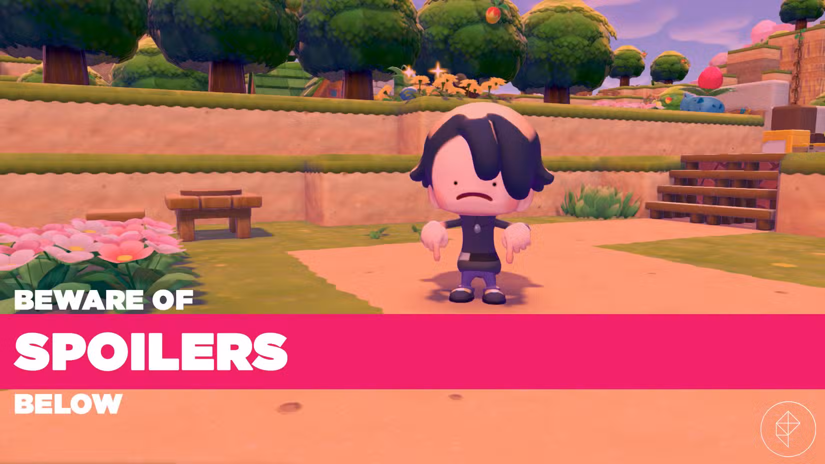 O personagem Pokopia idem alertando o leitor sobre spoilers.