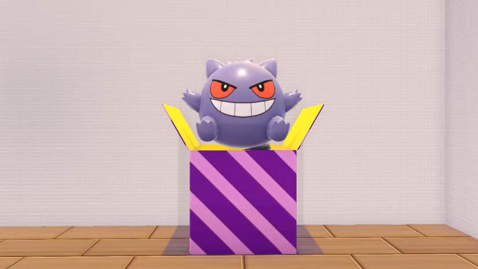 Uma caixa listrada de rosa e roxo com um Gengar saindo dela em Pokopia.
