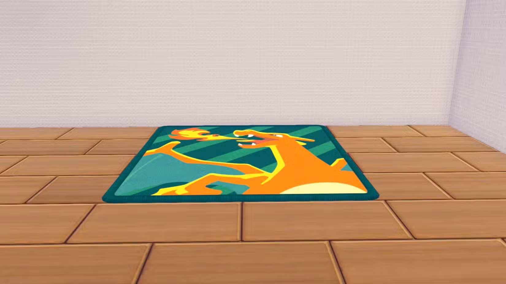 Um tapete quadrado verde com a imagem de um charizard soltando fogo em Pokopia