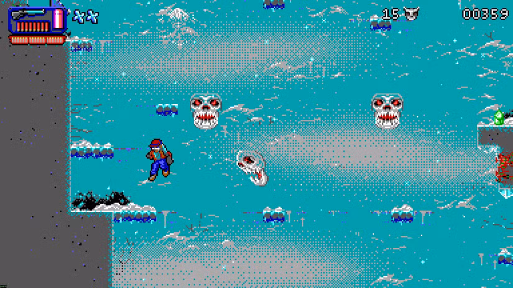 Um personagem de Haunted Lands atira uma espingarda em um inimigo durante a plataforma