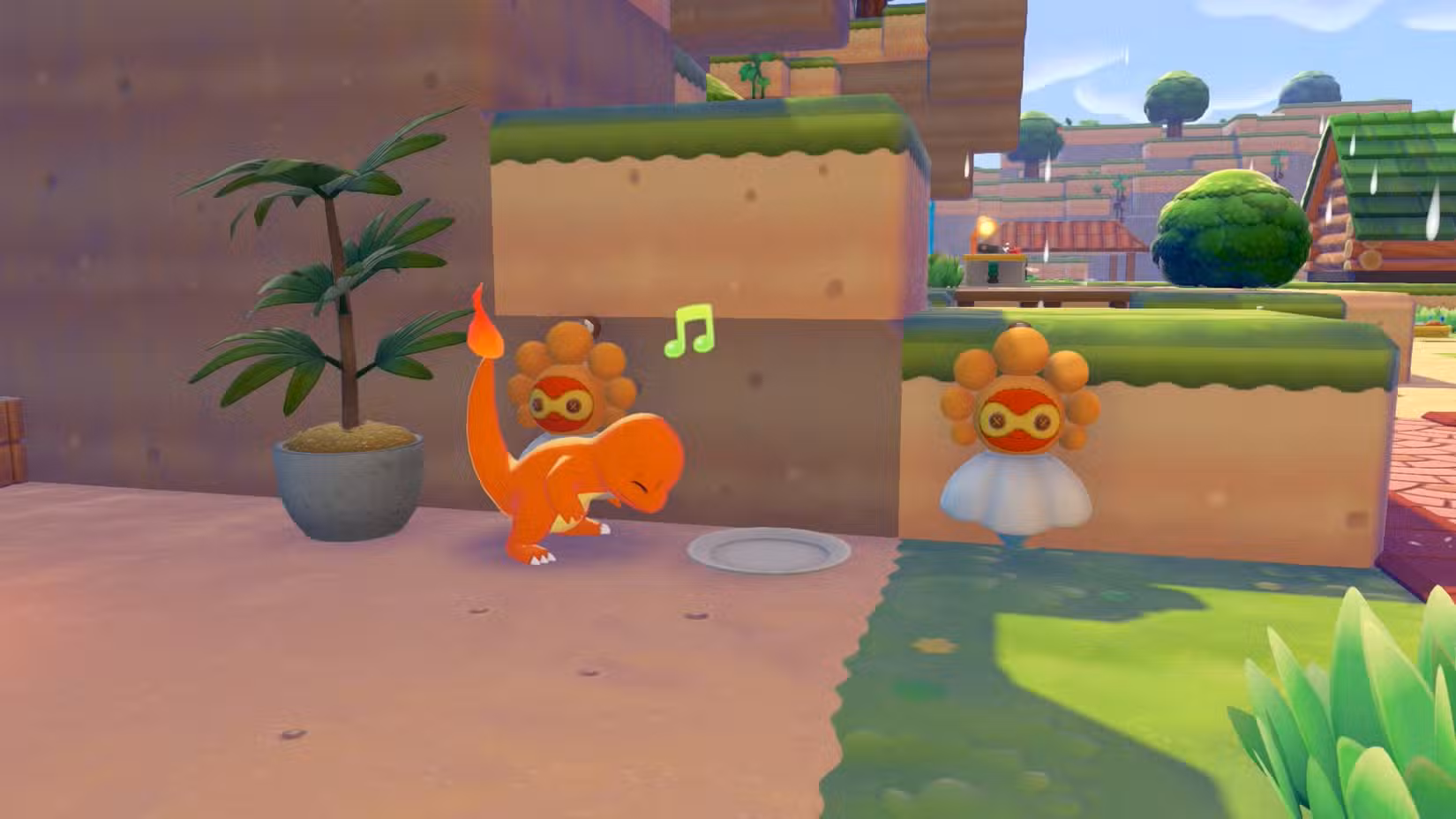 Um Charmander usa Sunny Day em Pokopia