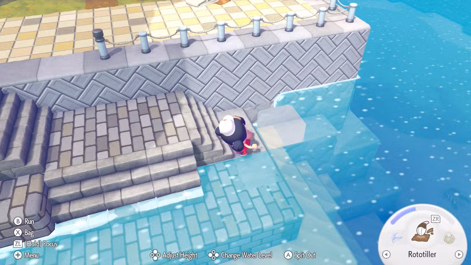 A Ditto se prepara para cuspir água enquanto ajusta as configurações em Pokopia