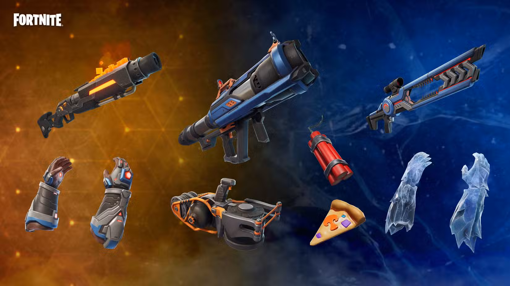Novas armas adicionadas ao Fortnite no Capítulo 7, Temporada 2, com armas como um rifle futurista, um lançador de foguetes, uma banana de dinamite, uma fatia de pizza e dois pares de luvas.