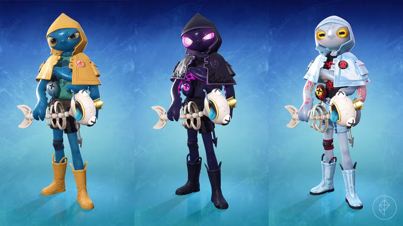 Squibbly, uma pele de peixe Fortnite com uma capa de chuva amarela, junto com suas duas peles alternativas.
