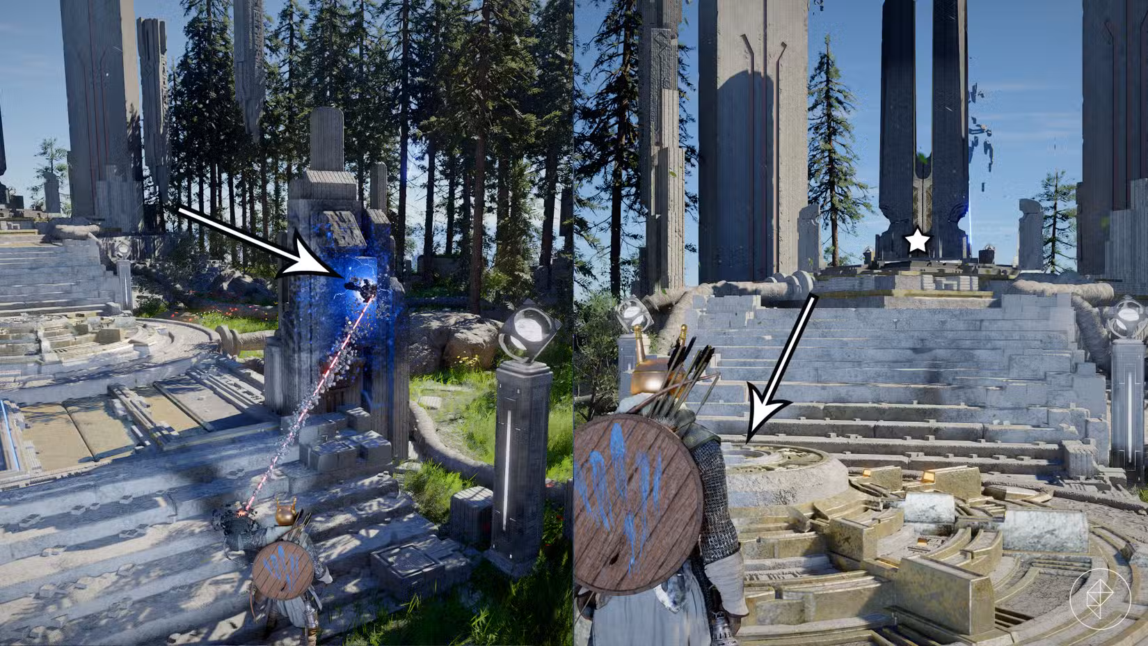 As setas apontam para o cristal de energia e a plataforma encontrados durante o quebra-cabeça Root's End Abyss no Crimson Desert.