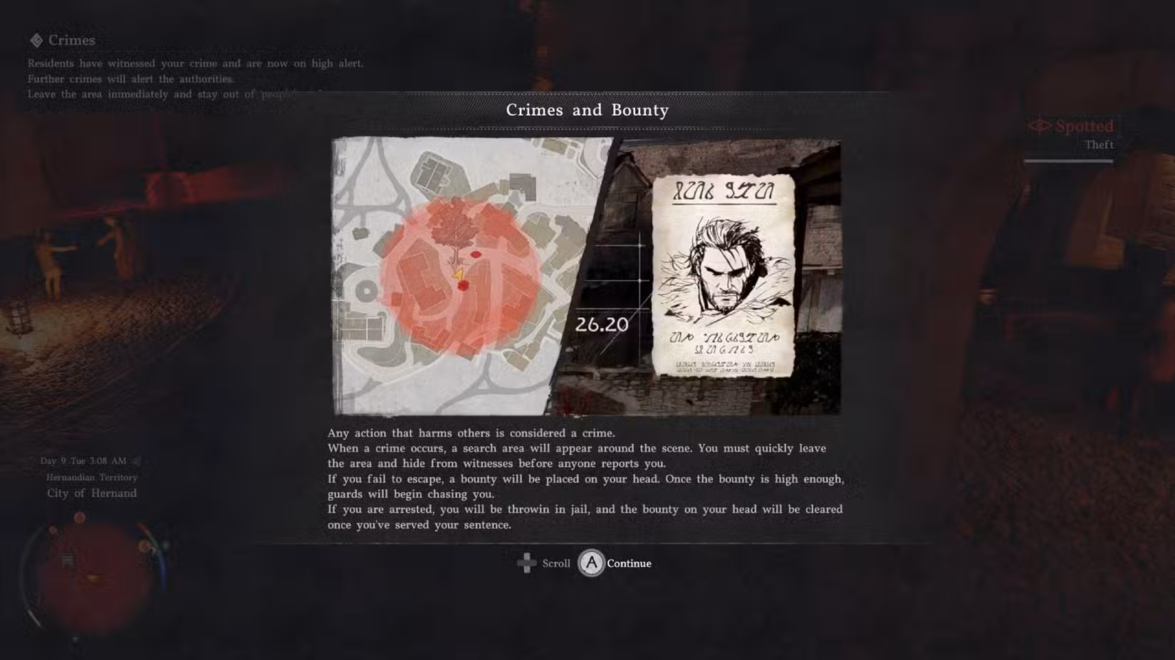 O pop-up do tutorial para "Crimes e recompensas" no Deserto Carmesim.