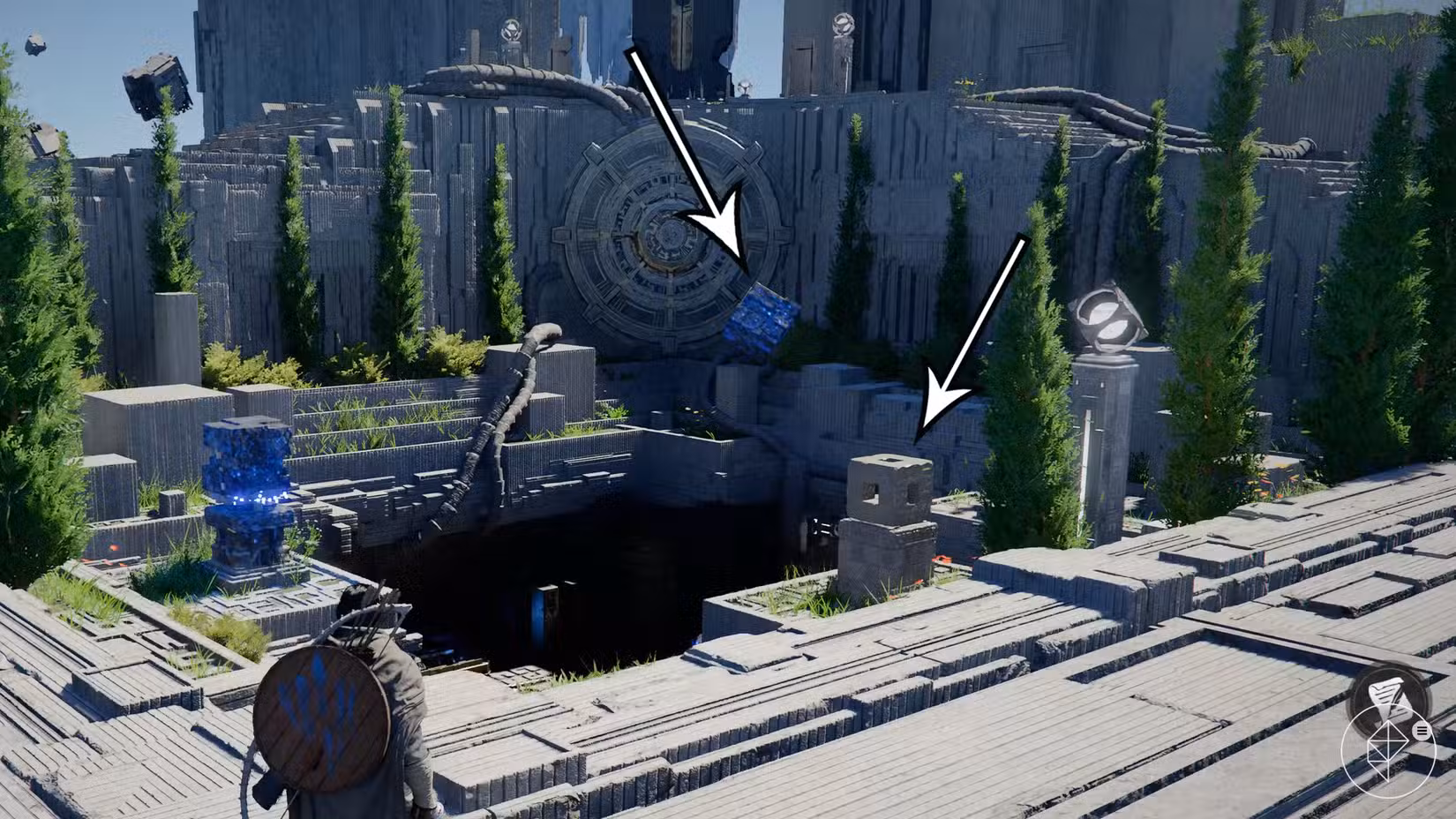 As setas apontam para a primeira solução do quebra-cabeça Abyss no Crimson Desert.