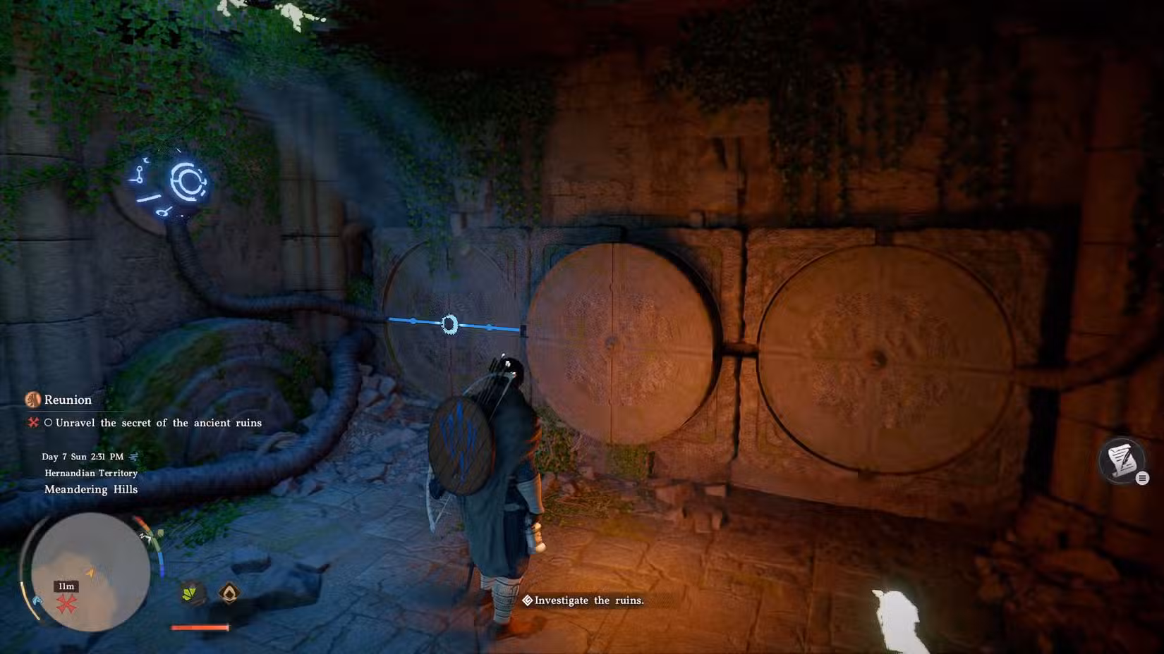 Uma captura de tela do Deserto Carmesim mostrando o quebra-cabeça das Ruínas Antigas