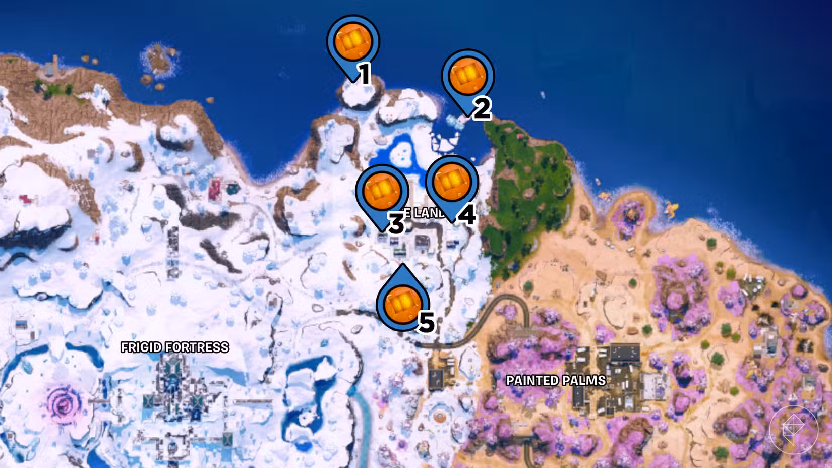 Latte Landing no mapa Fortnite com os pinos marcando a localização dos cubos do caos.