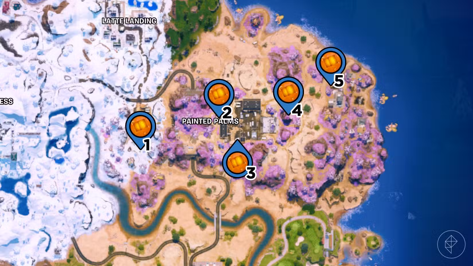 Palmas pintadas no mapa Fortnite com alfinetes indicando a localização dos cubos do caos.