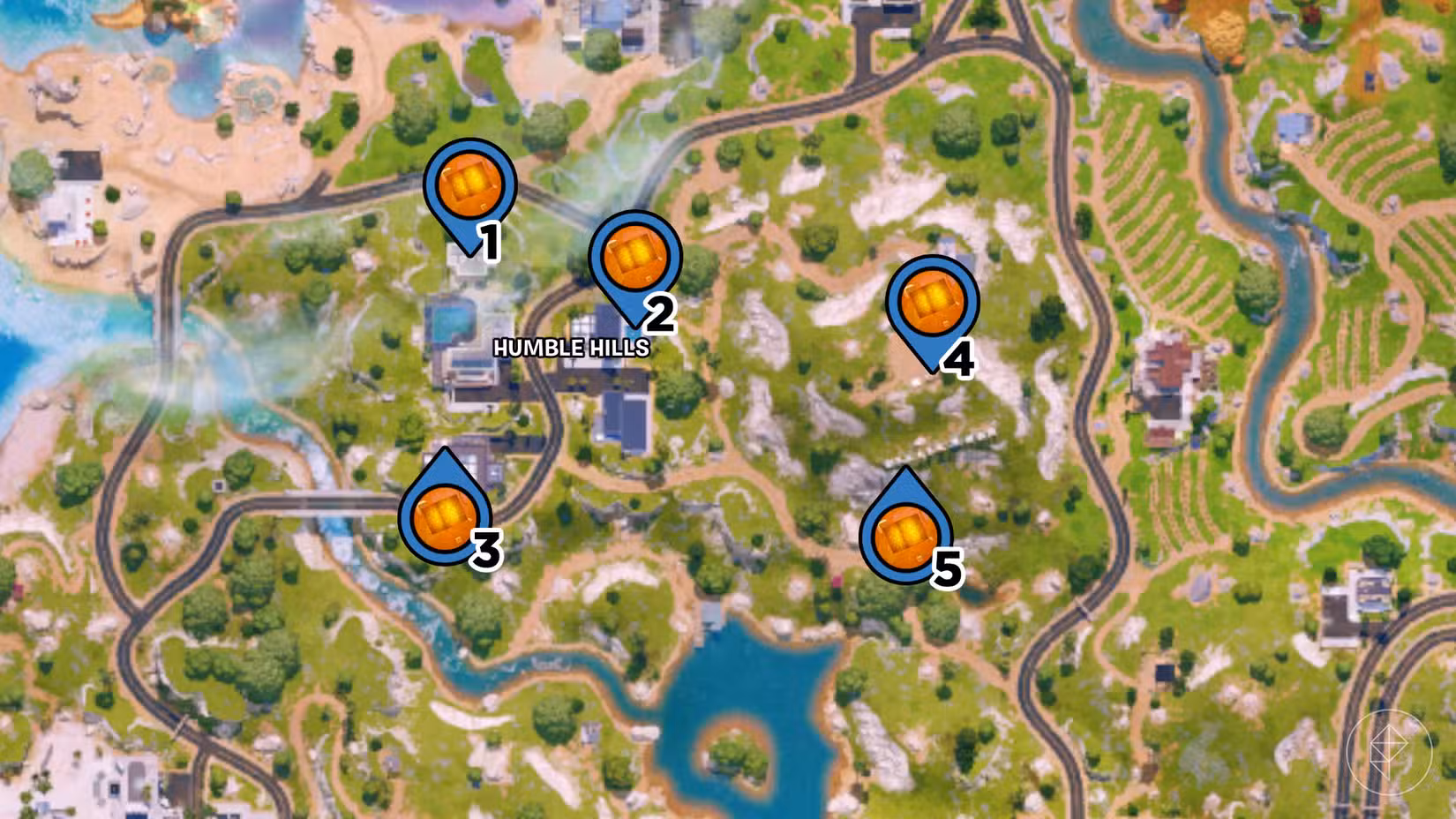Humble Hills no mapa Fortnite com alfinetes marcando a localização dos cubos do caos na área.