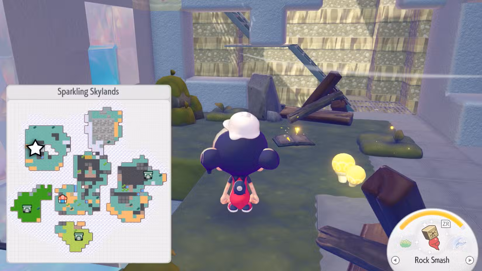 Um Ditto está na frente de um livro brilhante em um prédio destruído em Pokopia