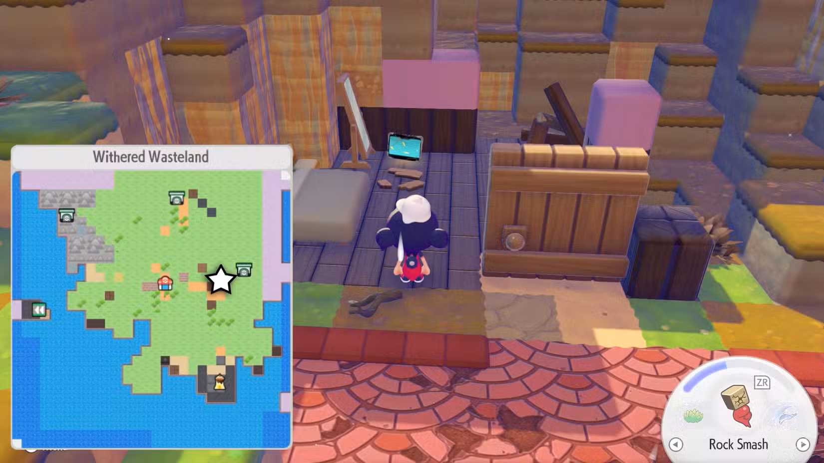 Uma tela amarela brilhante de tablet no chão das ruínas de uma casa antiga em Pokopia.