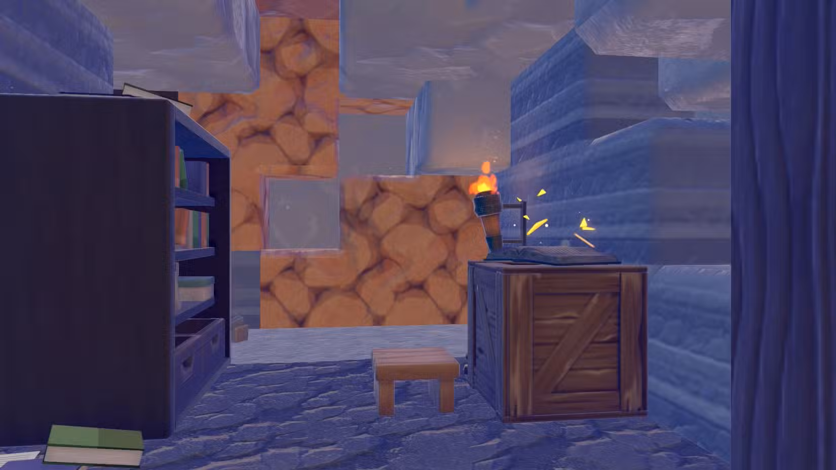 Estante, caixa e livro em uma caverna em Pokopia