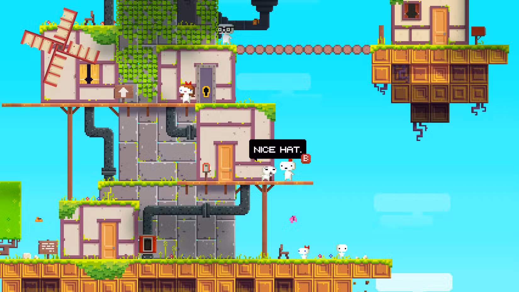 Um NPC elogia o chapéu de Gomez em Fez.