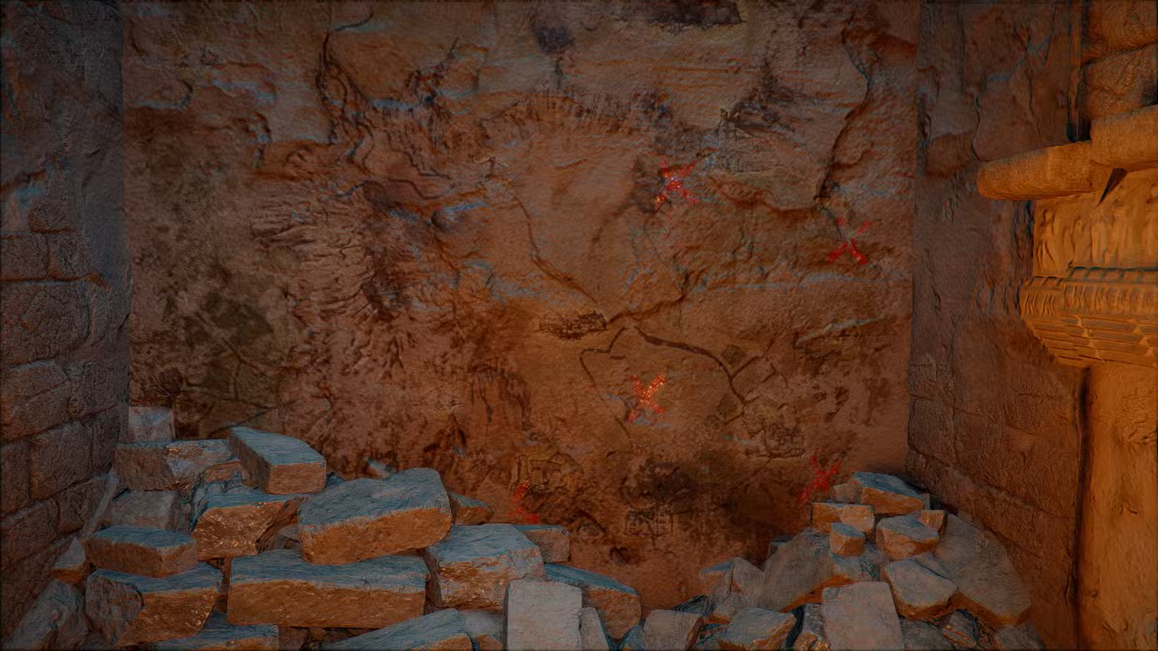 Uma captura de tela do Deserto Carmesim mostrando o mapa que os jogadores encontram dentro do Labirinto da Lua Azul