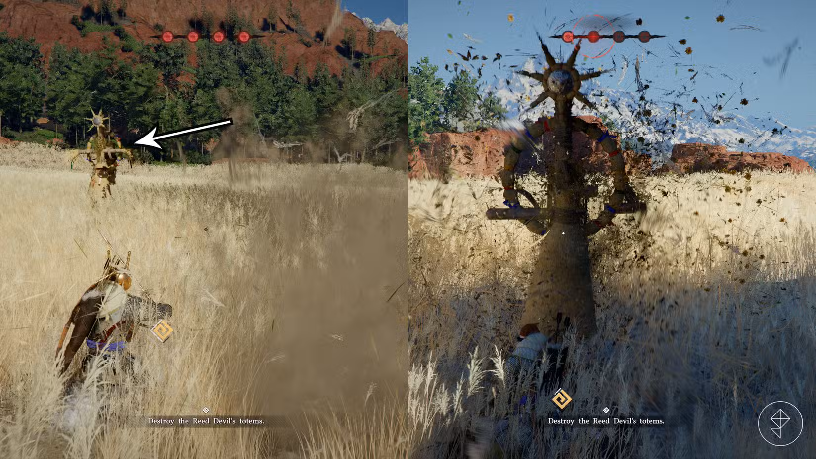 Kliff destrói totens durante a luta contra o chefe Reed Devil no Crimson Desert.