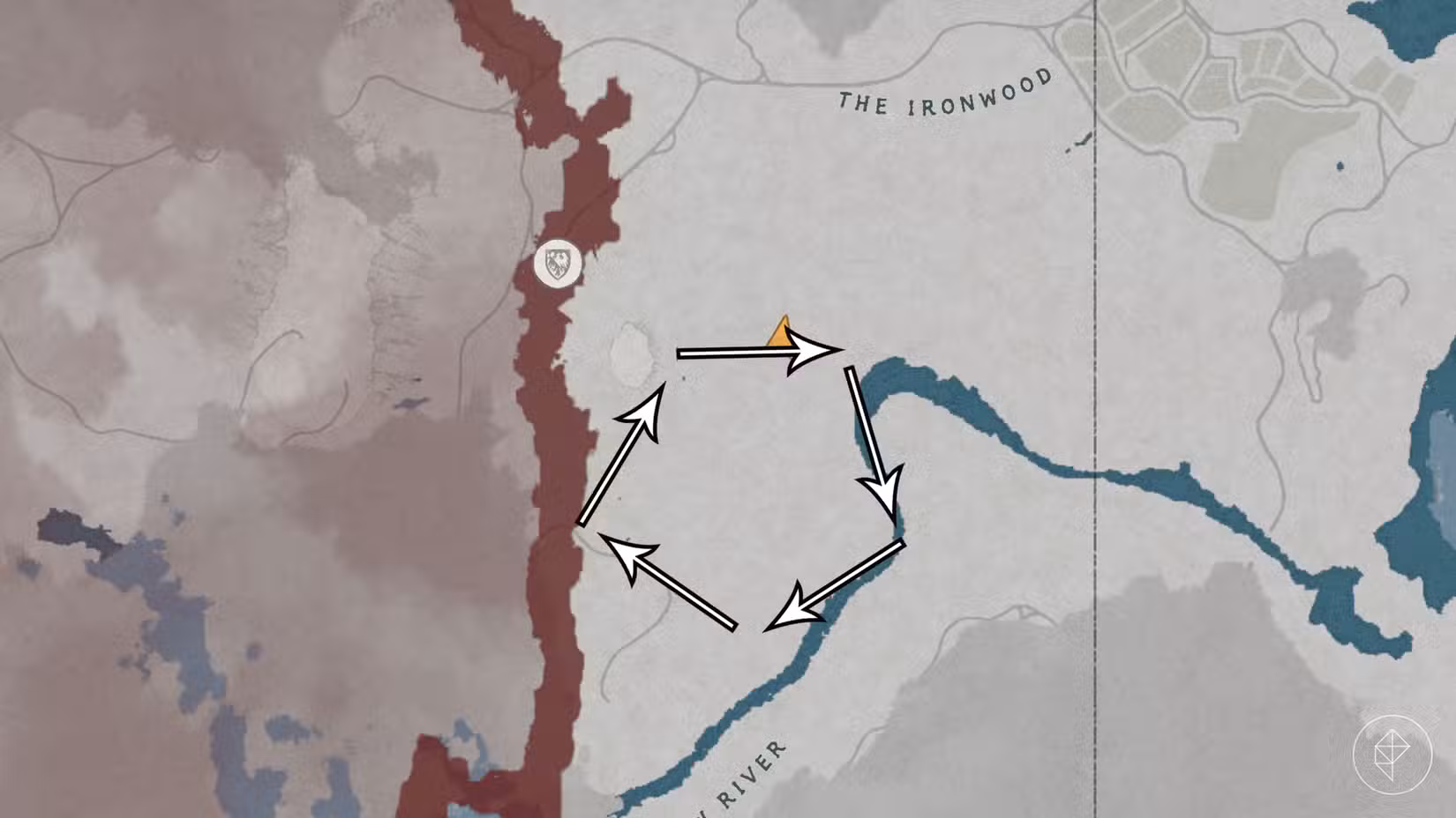 A rota de caminhada da árvore que carrega a Relíquia de Pororin no Deserto Carmesim.
