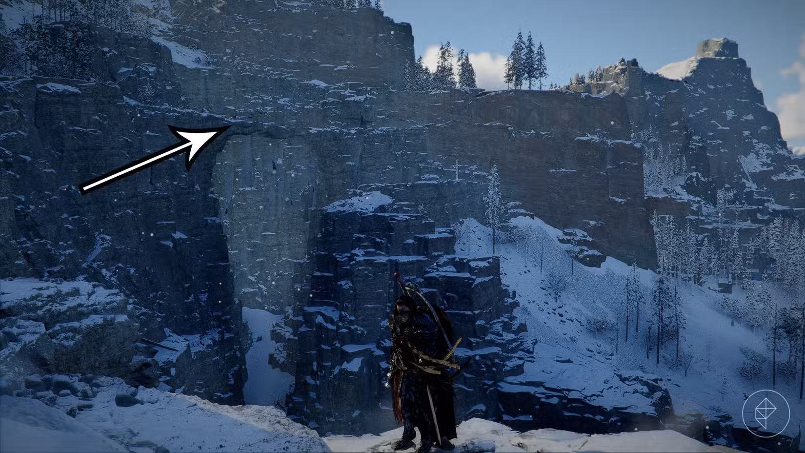 Uma imagem do Crimson Desert mostrando a localização da ponte rochosa em Hernand