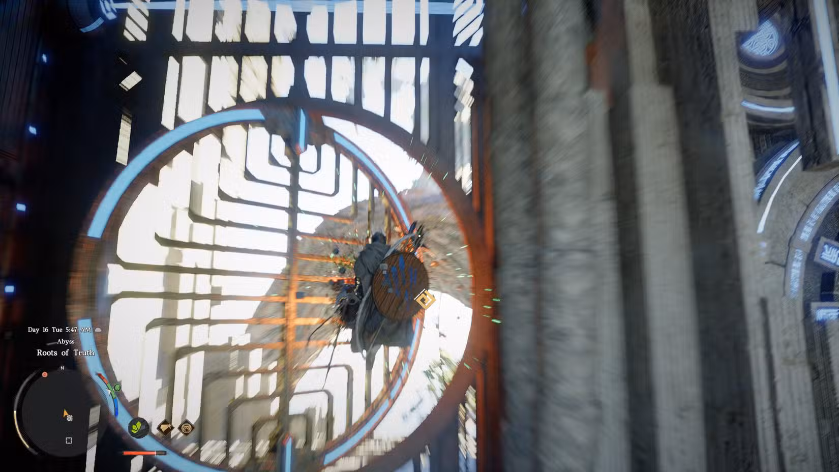 Kliff girando um painel de metal no quebra-cabeça Roots of Truth do Crimson Desert