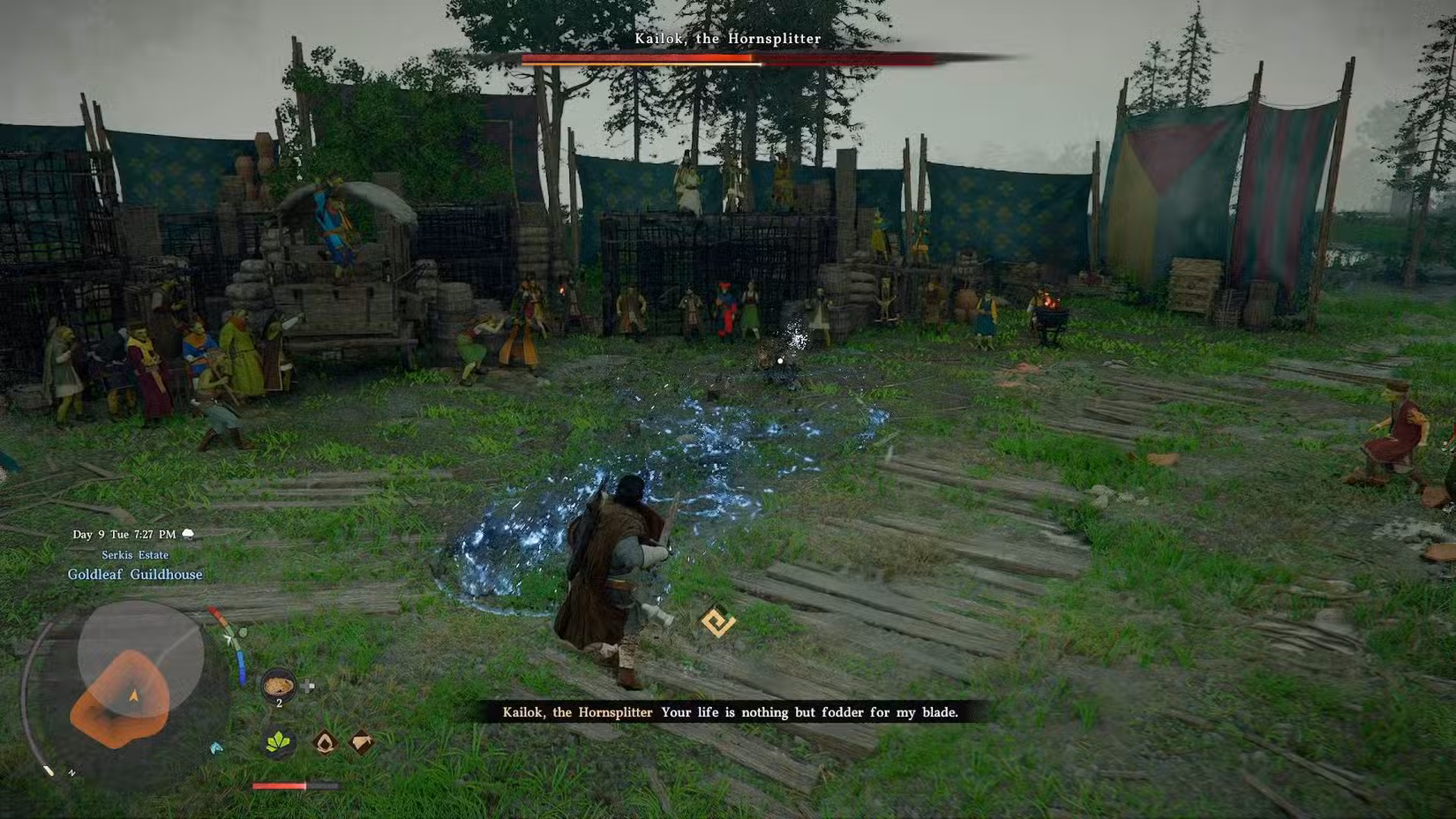 Kliff durante a luta contra o chefe Hornsplitter no Crimson Desert, evitando o ataque à distância.