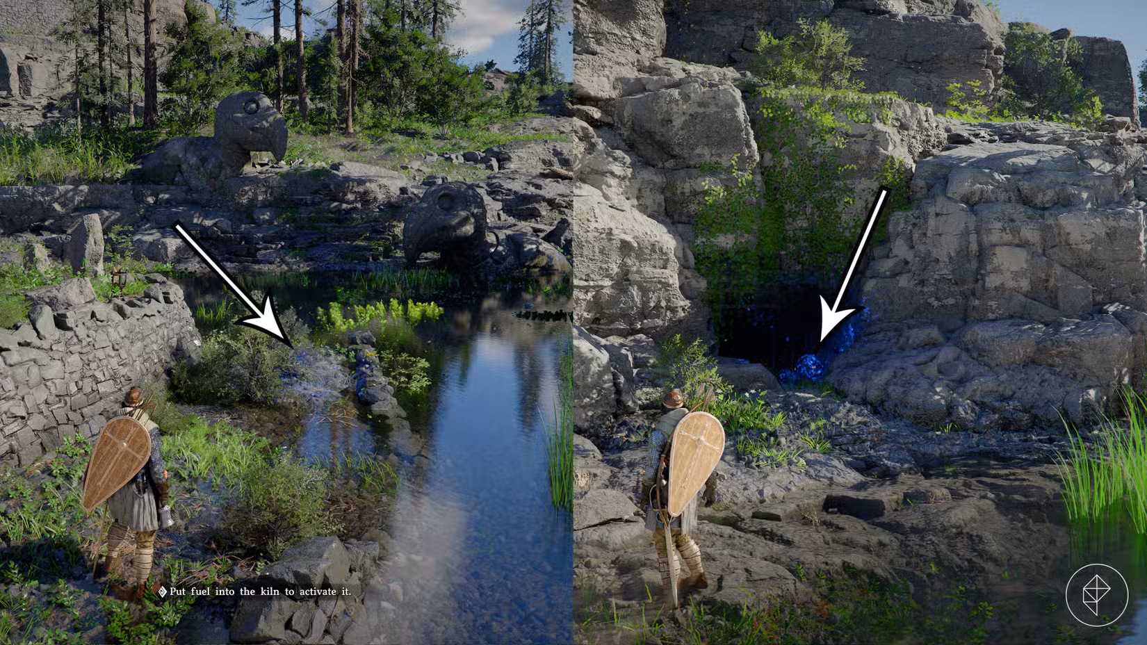 As setas apontam para os dois últimos orbes de combustível necessários para alimentar um forno do Deserto Carmesim.