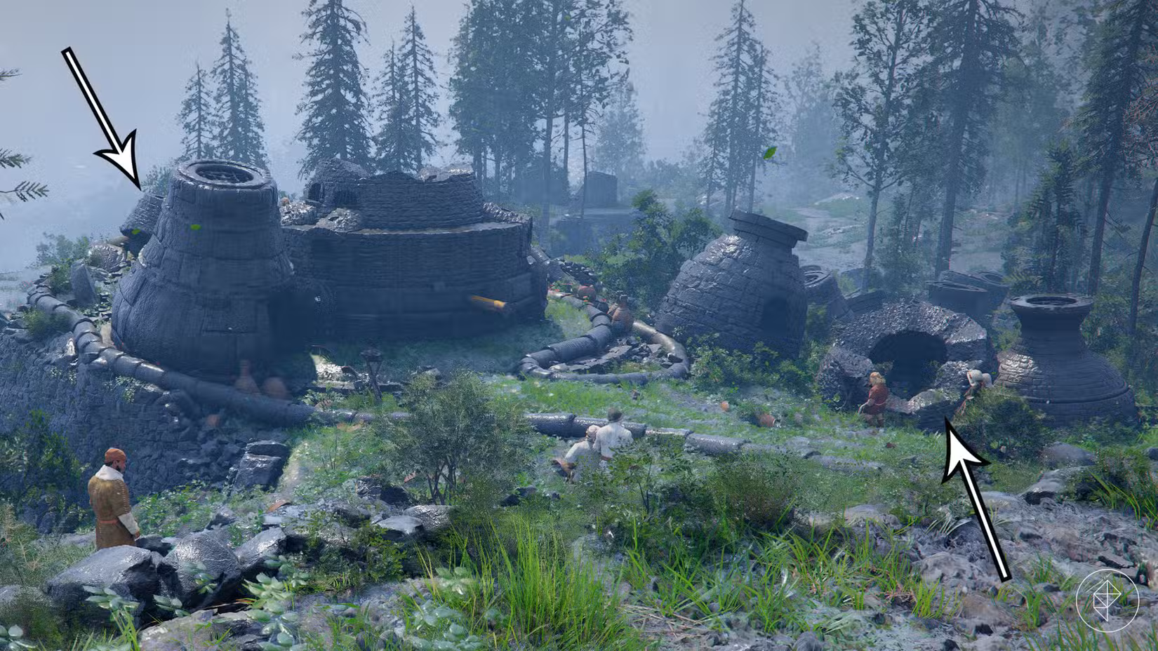 As setas apontam para as peças que faltam no forno quebrado no Deserto Carmesim.