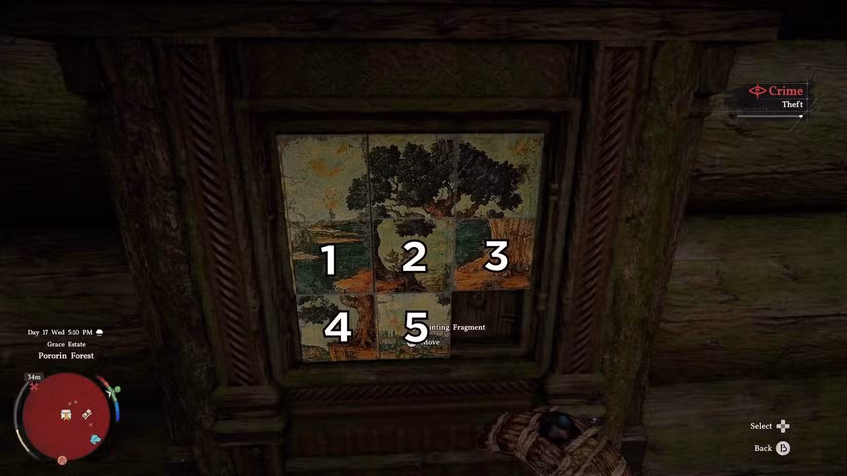 O quebra-cabeça do cofre Mudridge Cabin no Crimson Desert com as cinco peças móveis anotadas com números.