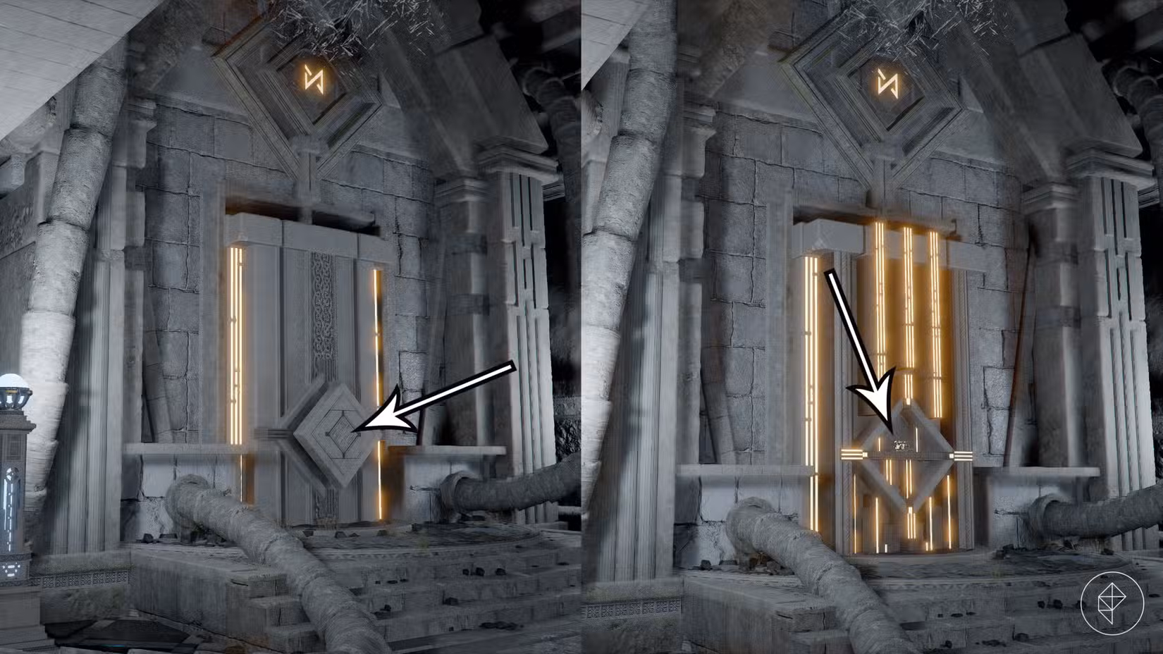 As setas apontam para uma alcova e a pedra gravada que ela contém no Pináculo das Estrelas no Deserto Carmesim.