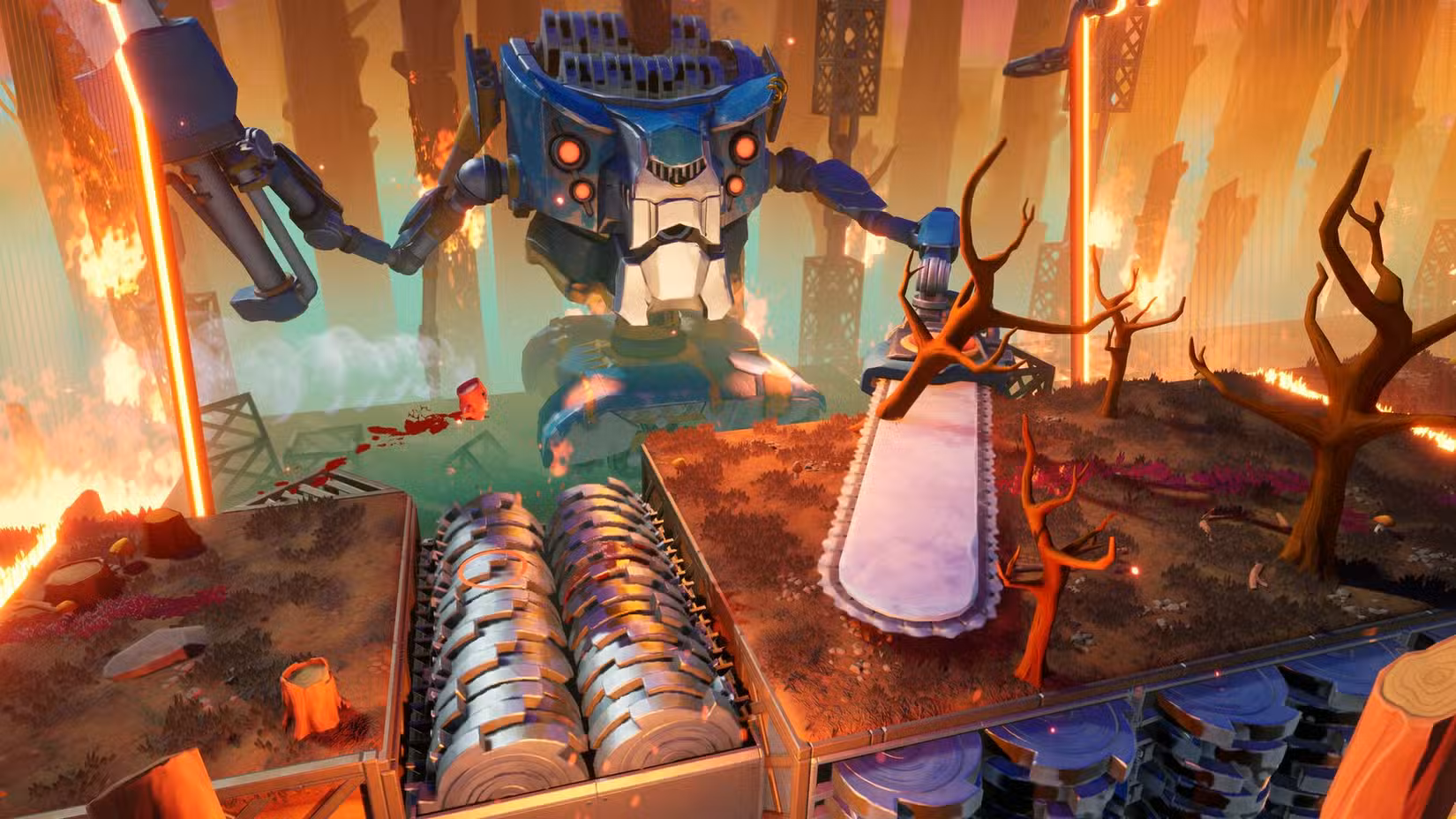 Um chefe com uma serra elétrica ataca Meat Boy em Super Meat Boy 3D.