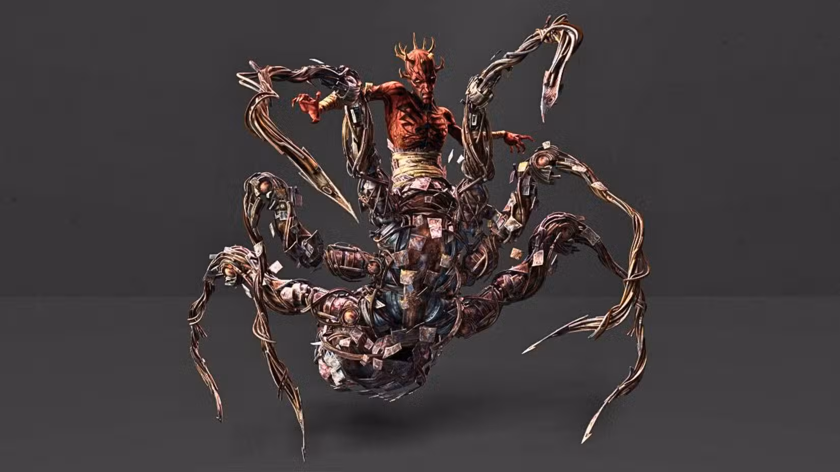 Uma imagem de Darth Maul de The Clone Wars. Mostra Maul com seis pernas prateadas que lembram uma aranha.