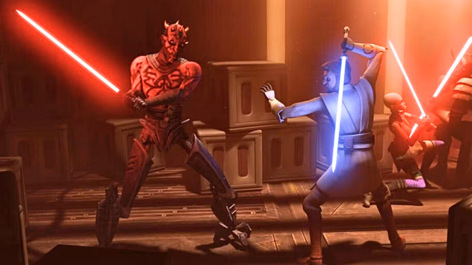 Imagem representando Maul lutando contra Obi-Wan Kenobi em The Clone Wars.