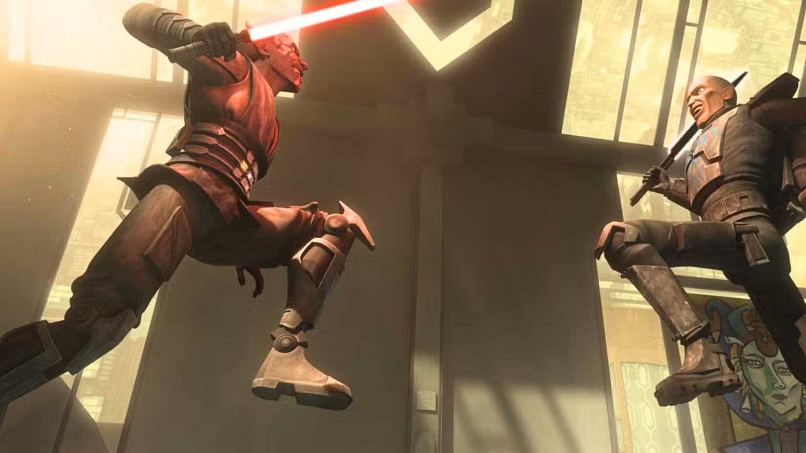 Imagem de Darth Maul, empunhando um sabre de luz vermelho, lutando contra Pre Vizla em Kavera. 