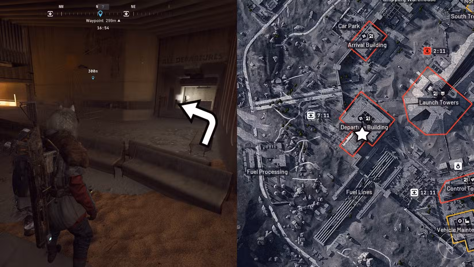 O lado esquerdo da imagem mostra o jogador parado na sala antes do objetivo da missão com uma seta apontando ao leitor para onde ir, enquanto o lado direito da imagem mostra o local marcado no mapa Arc Raiders do jogo.