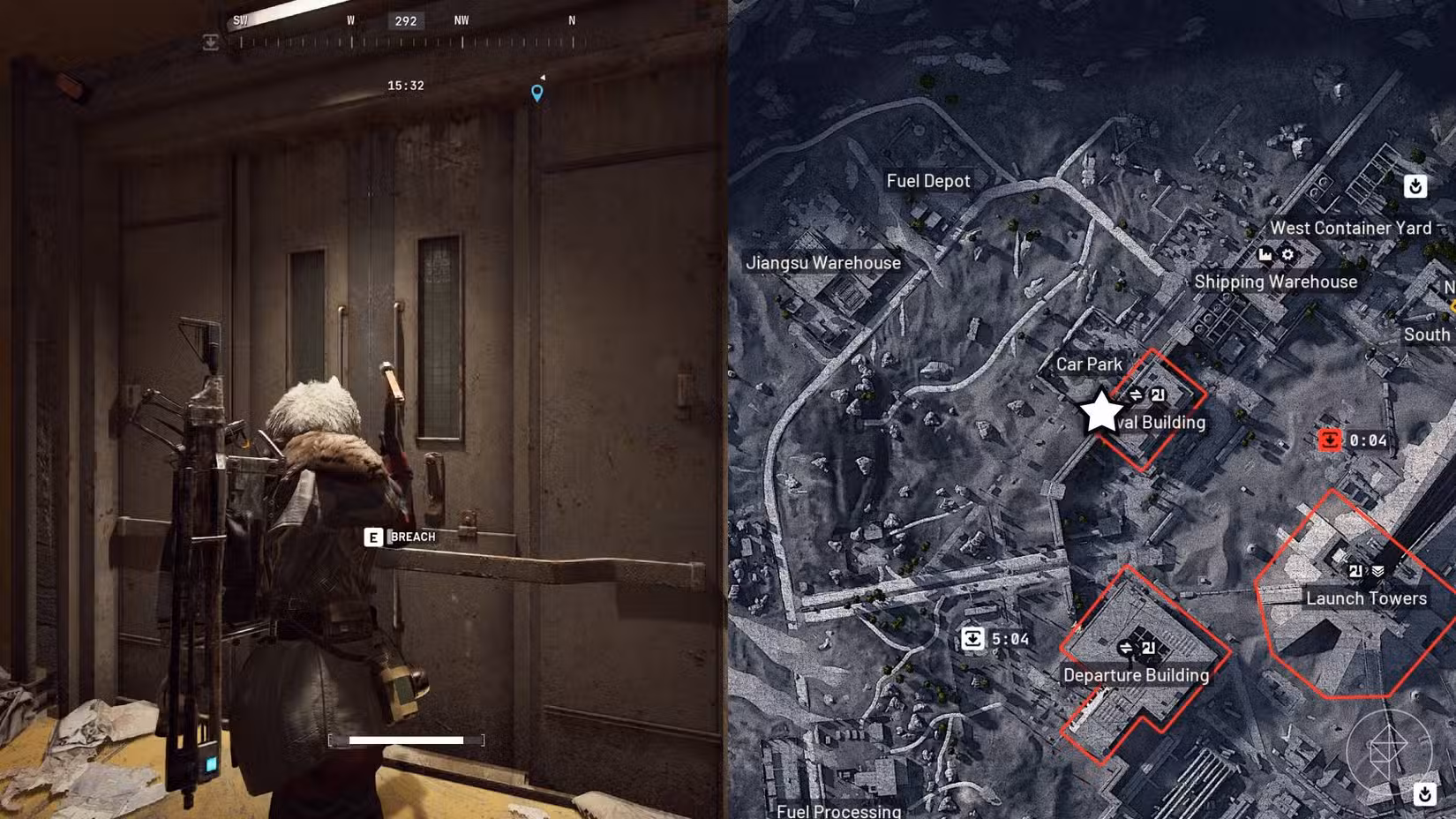 O lado esquerdo da imagem mostra o jogador invadindo a sala para a missão, enquanto o lado direito da imagem mostra o local marcado no mapa Arc Raiders do jogo.