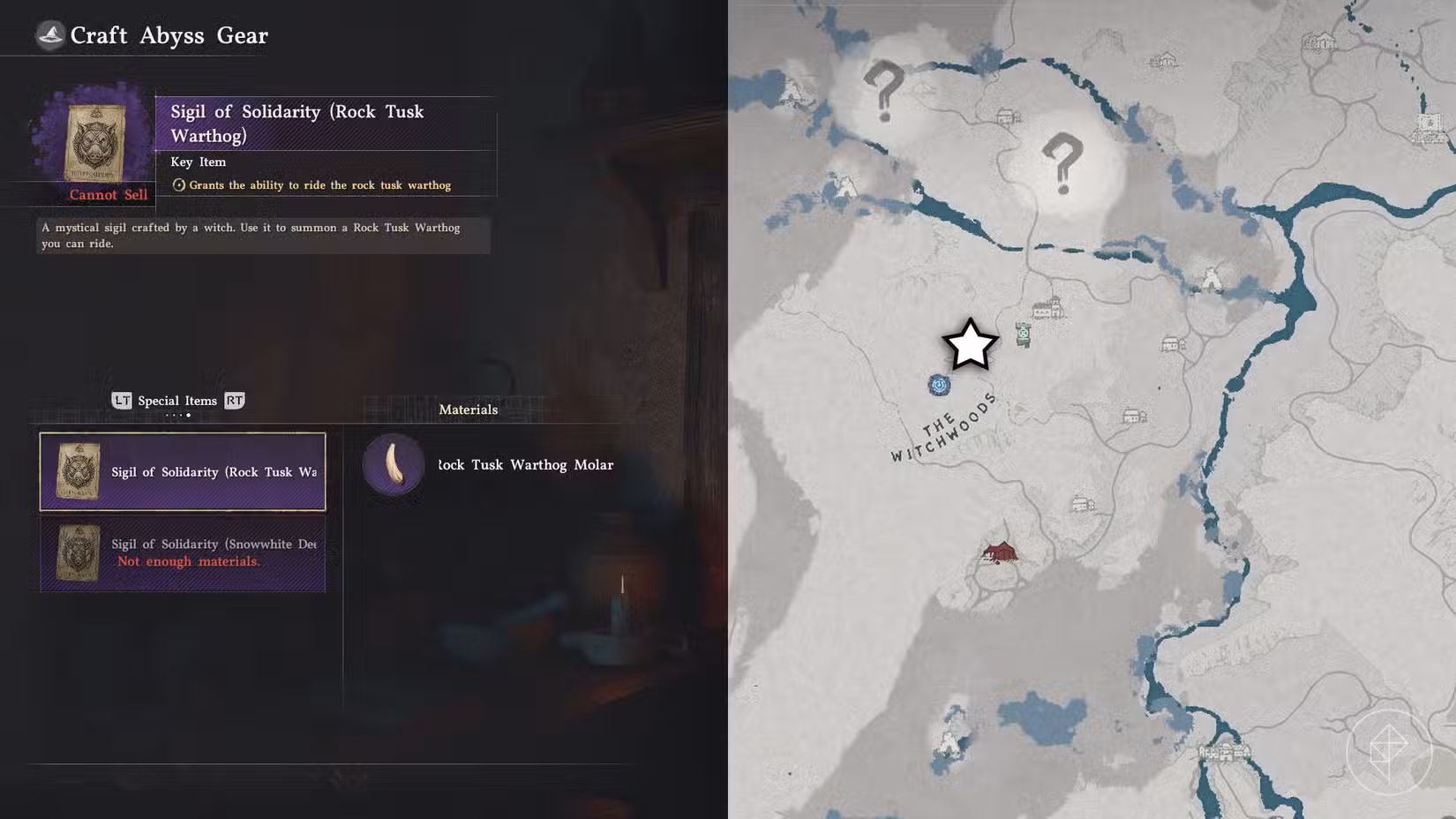 Uma montagem de duas capturas de tela do Crimson Desert mostrando onde você pode levar o Rock Tusk Warhog Molar para criar a montaria lendária