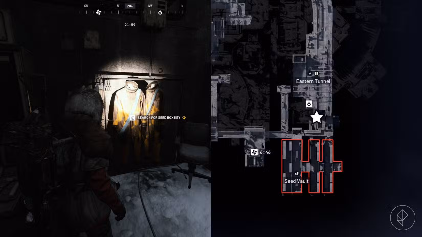 O lado esquerdo da imagem mostra o jogador em Arc Raiders parado na frente do objetivo, enquanto o lado direito da imagem mostra o local marcado com uma estrela no mapa do jogo.