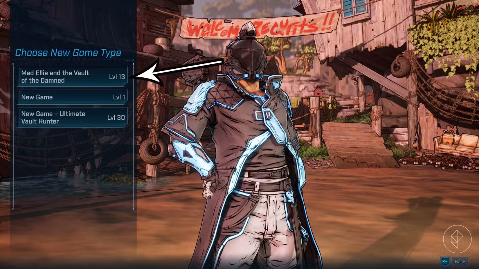 Uma montagem mostrando onde os jogadores podem criar um novo personagem no nível 13 em Borderlands 4 para iniciar o DLC