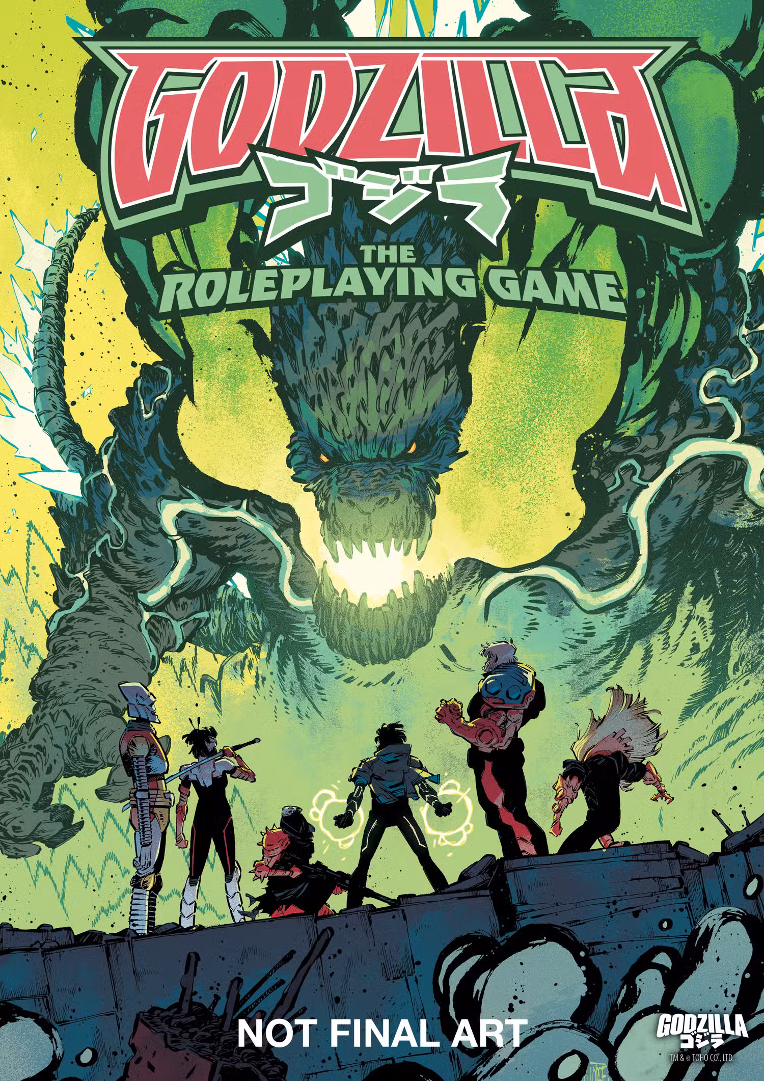 Arte da caixa de Godzilla: The Roleplaying Game apresenta G-Force da corrida Godzilla da IDW Comics 2025