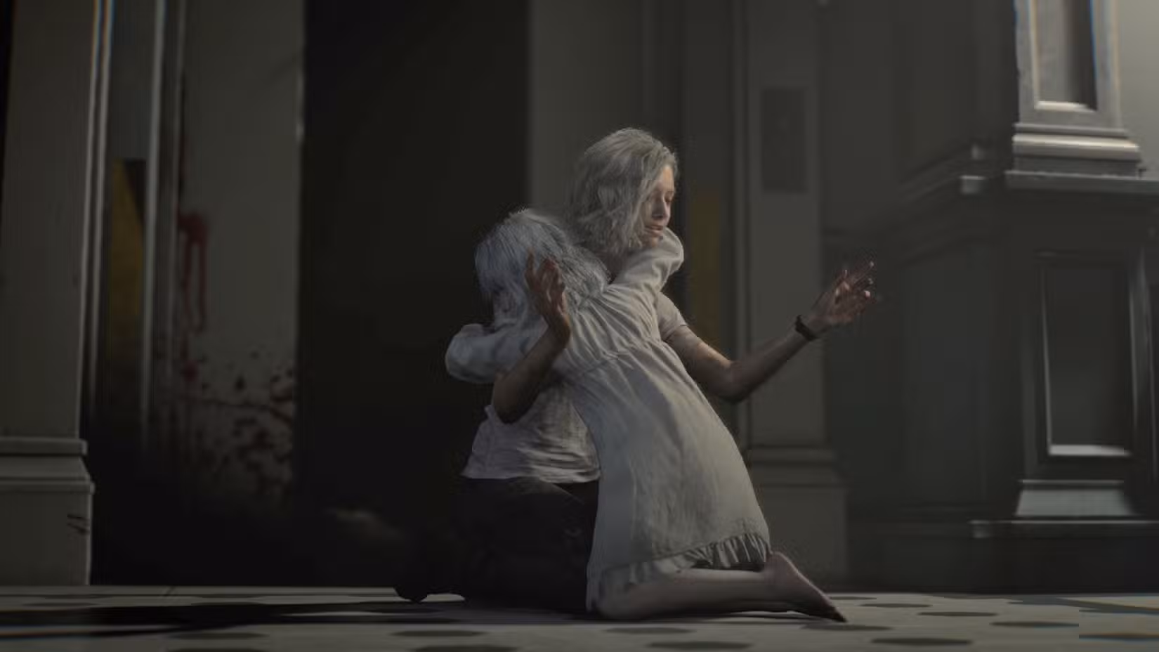 Emily abraçando Grace surpresa em Resident Evil Requiem