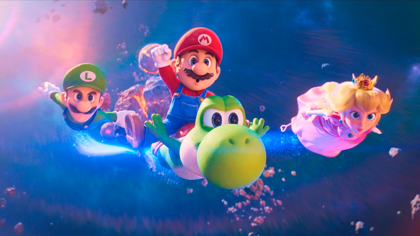 Luigi, Mario, Yoshi e Peach voam pelo espaço no filme Super Mario Galaxy