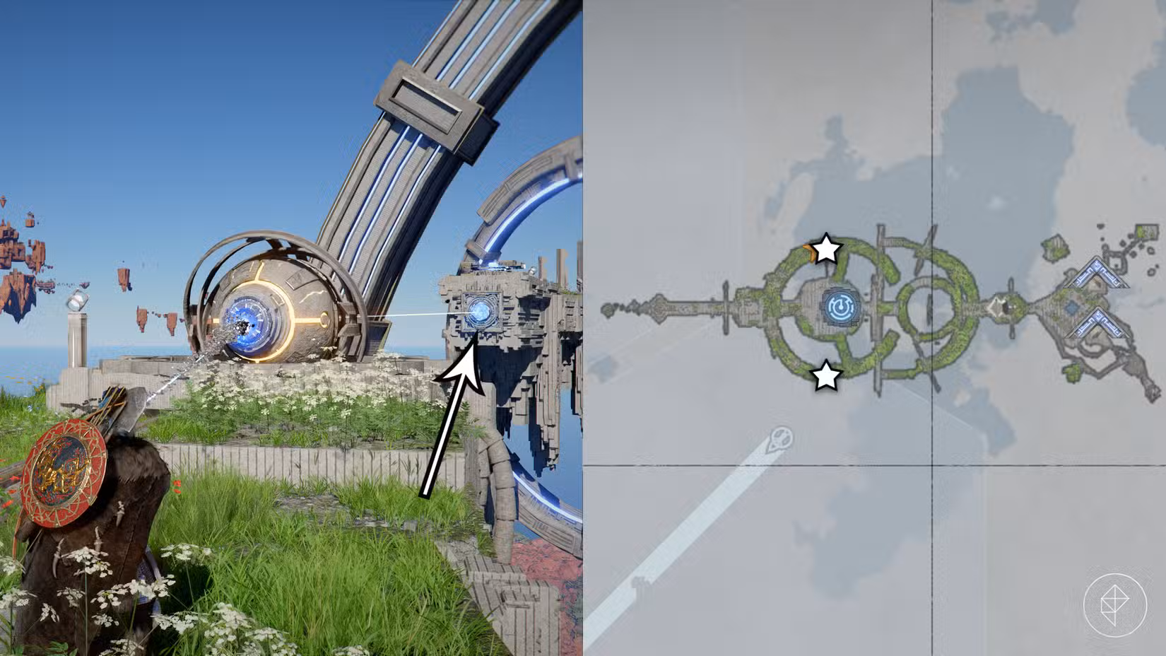 Kliff resolve o quebra-cabeça do laser na Crescent Skybridge no Crimson Desert.