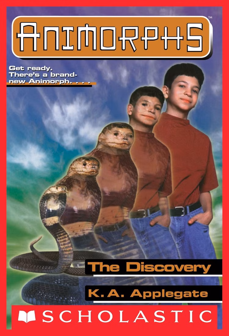 A capa de Animorphs “The Discovery” que mostra uma pessoa de camisa vermelha se transformando em uma cobra