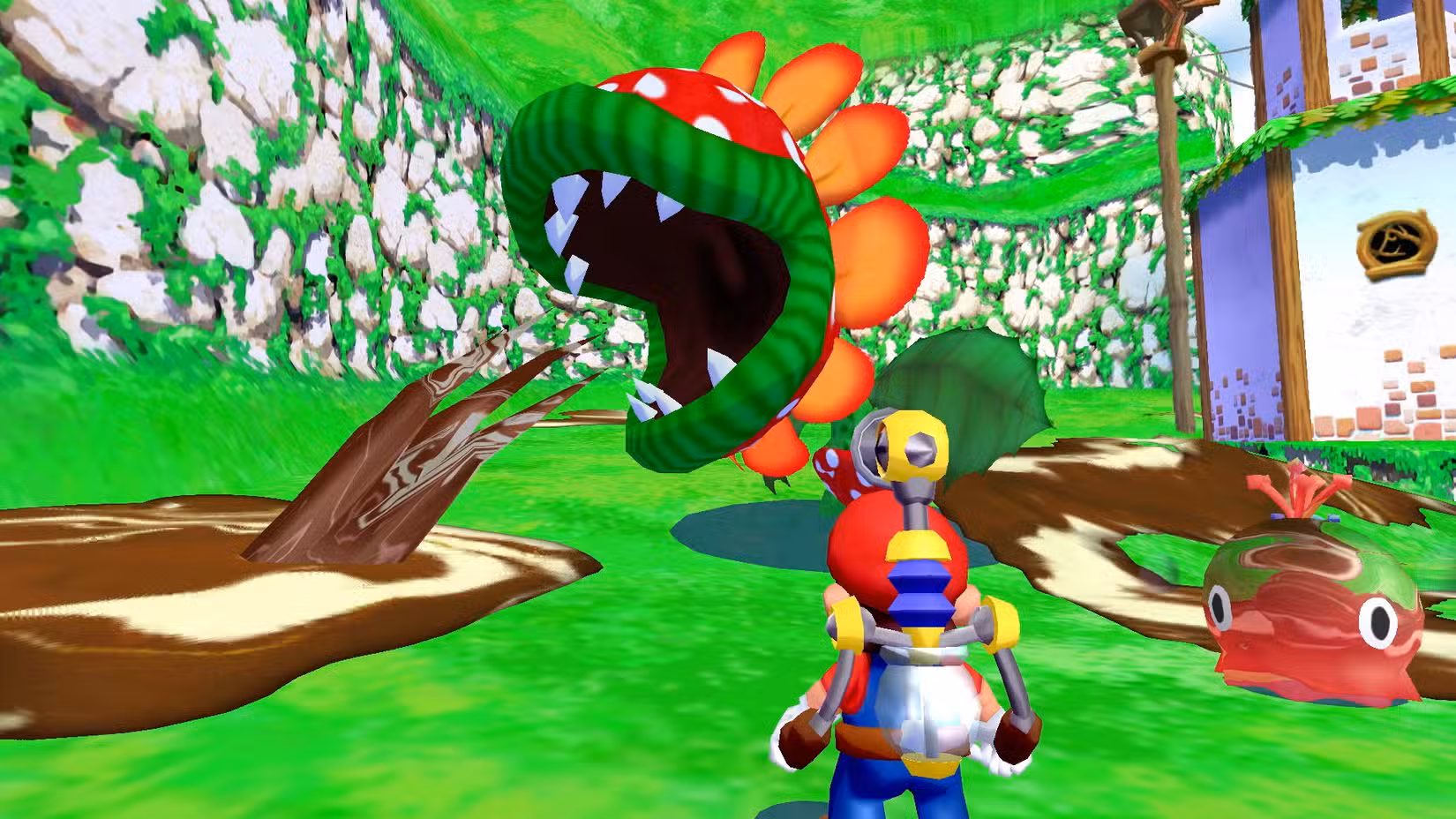 Mario enfrenta Petey Piranha em uma captura de tela de Super Mario Sunshine no Nintendo Switch